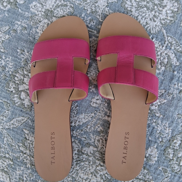 💐 Talbots Hannah Vachetta Leather Flat Slides Sz 9.  Hot Pink Geometric Cut-Out - Picture 6 of 11